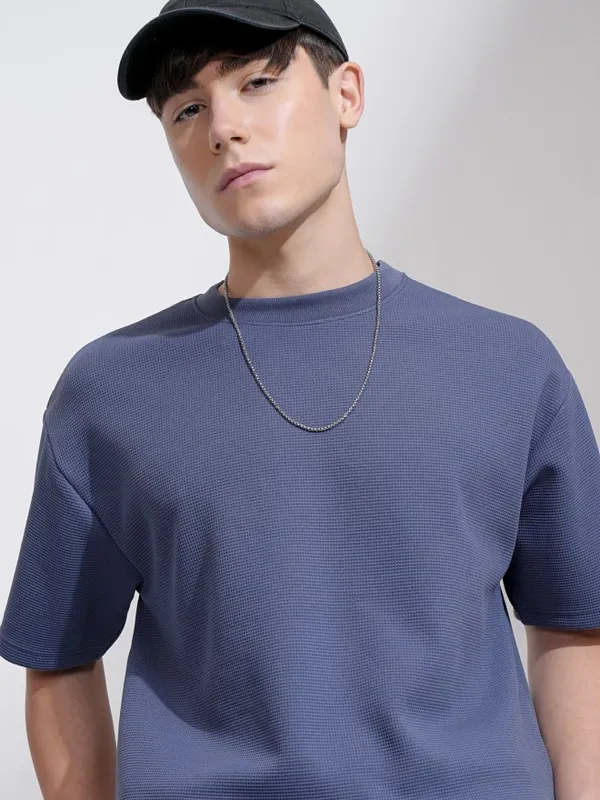 Highlander Men Blue Self Design Round Neck Relaxed Fit T-Shirt