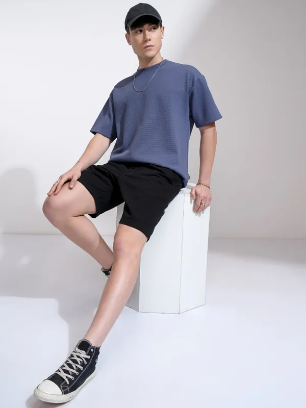 Highlander Men Blue Self Design Round Neck Relaxed Fit T-Shirt