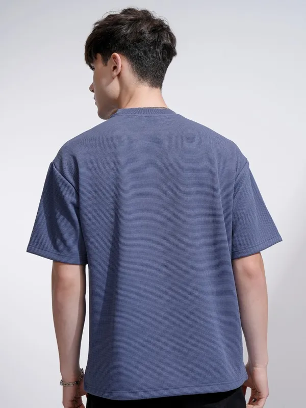 Highlander Men Blue Self Design Round Neck Relaxed Fit T-Shirt