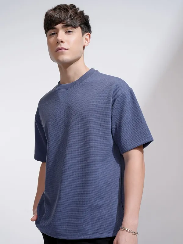 Highlander Men Blue Self Design Round Neck Relaxed Fit T-Shirt