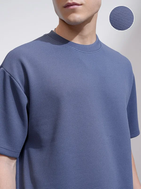 Highlander Men Blue Self Design Round Neck Relaxed Fit T-Shirt