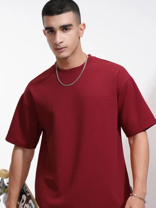 Highlander Men Maroon Self Design Round Neck Relaxed Fit T-Shirt
