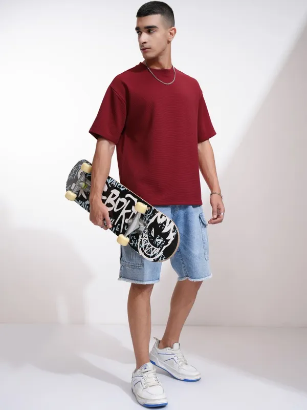 Highlander Men Maroon Self Design Round Neck Relaxed Fit T-Shirt