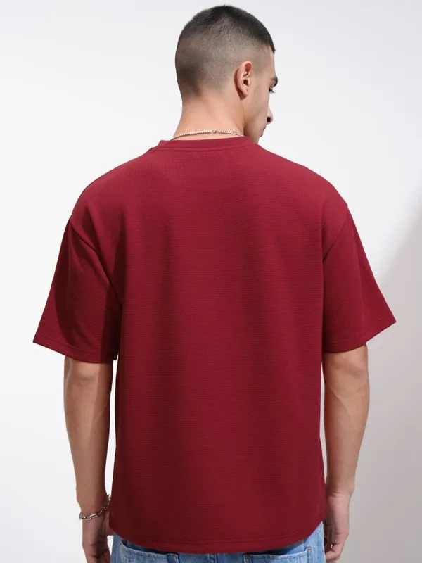 Highlander Men Maroon Self Design Round Neck Relaxed Fit T-Shirt