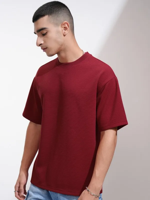 Highlander Men Maroon Self Design Round Neck Relaxed Fit T-Shirt