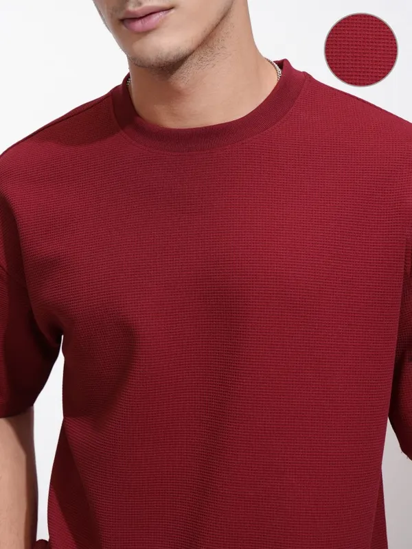 Highlander Men Maroon Self Design Round Neck Relaxed Fit T-Shirt