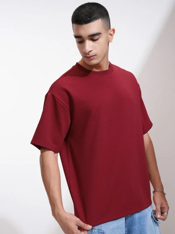 Highlander Men Maroon Self Design Round Neck Relaxed Fit T-Shirt