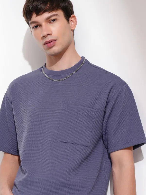 Highlander Men Purple Self Design Round Neck Relaxed Fit T-Shirt