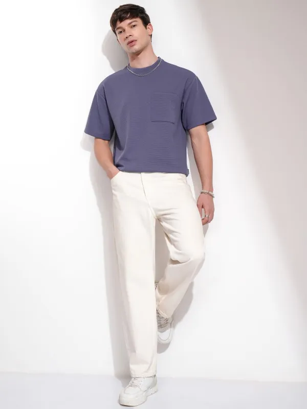 Highlander Men Purple Self Design Round Neck Relaxed Fit T-Shirt