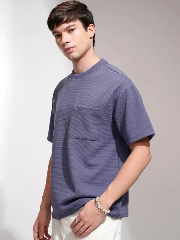 Highlander Men Purple Self Design Round Neck Relaxed Fit T-Shirt