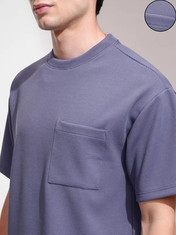 Highlander Men Purple Self Design Round Neck Relaxed Fit T-Shirt