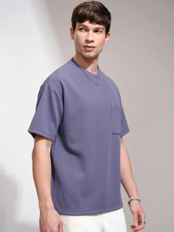 Highlander Men Purple Self Design Round Neck Relaxed Fit T-Shirt