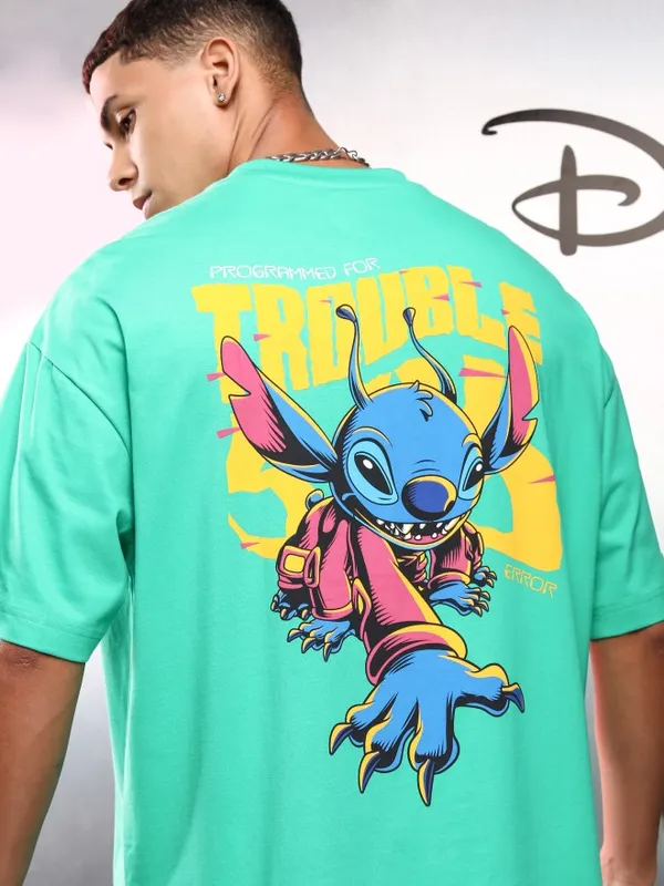 Disney By Highlander Men Green Stitch Printed Round Neck Oversized Fit T-Shirt