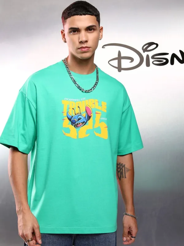 Disney By Highlander Men Green Stitch Printed Round Neck Oversized Fit T-Shirt