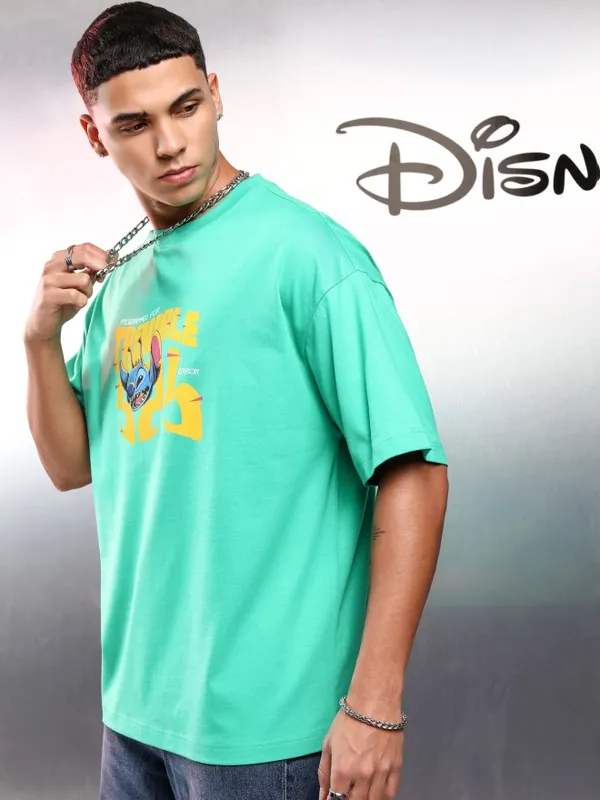 Disney By Highlander Men Green Stitch Printed Round Neck Oversized Fit T-Shirt