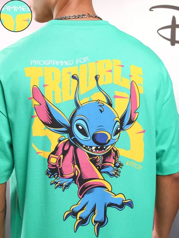 Disney By Highlander Men Green Stitch Printed Round Neck Oversized Fit T-Shirt