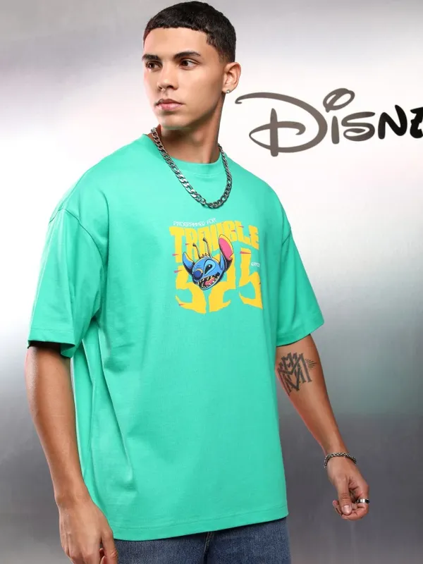 Disney By Highlander Men Green Stitch Printed Round Neck Oversized Fit T-Shirt
