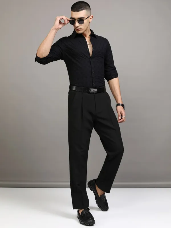 Highlander Men Black Textured Regular Fit Casual Shirt