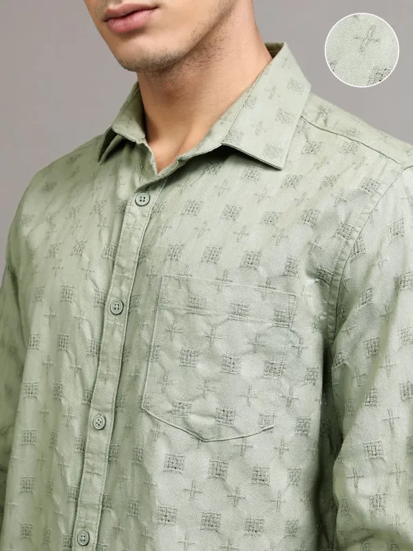 Highlander Men Green Textured Regular Fit Casual Shirt