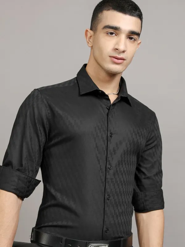 Highlander Men Black Self Design Slim Fit Casual Shirt