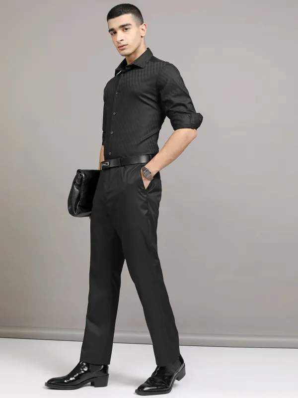 Highlander Men Black Self Design Slim Fit Casual Shirt