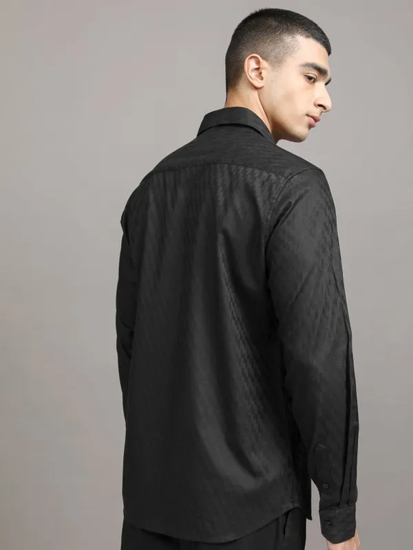 Highlander Men Black Self Design Slim Fit Casual Shirt