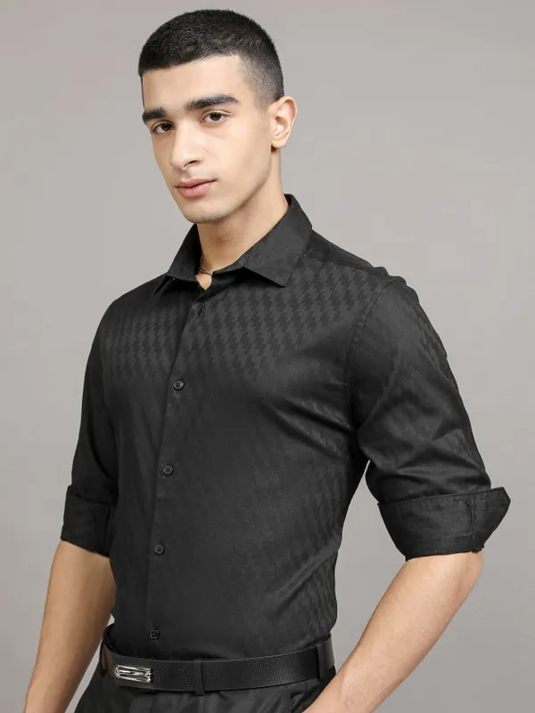 Highlander Men Black Self Design Slim Fit Casual Shirt