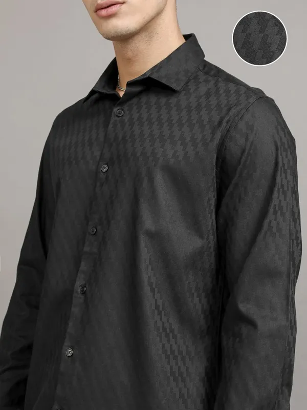 Highlander Men Black Self Design Slim Fit Casual Shirt