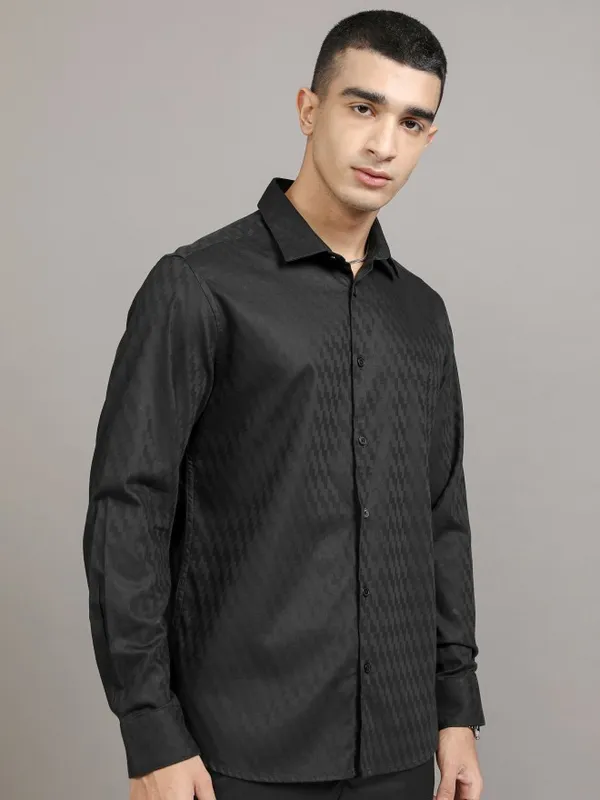 Highlander Men Black Self Design Slim Fit Casual Shirt
