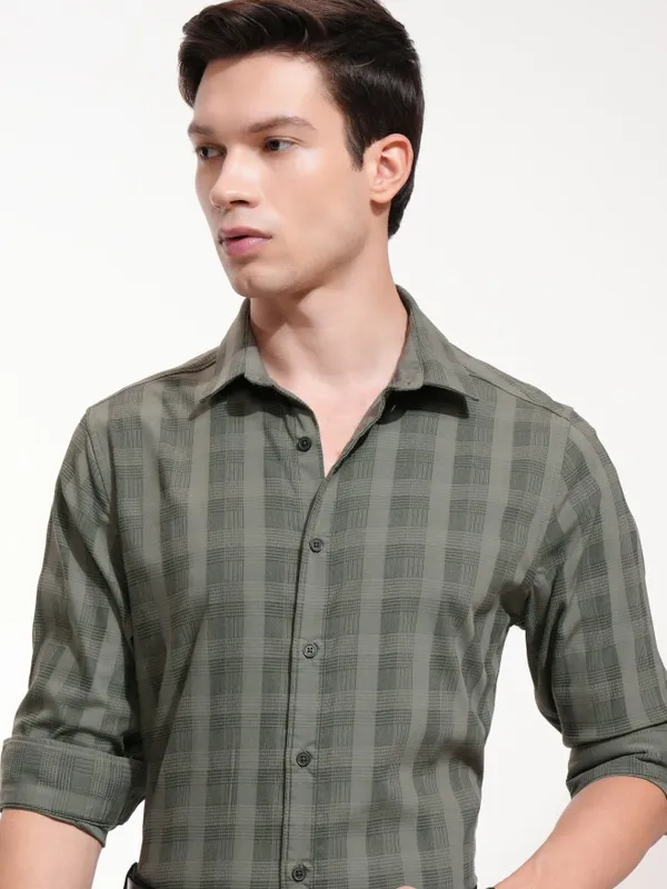 Highlander Men Olive Checked Slim Fit Casual Shirt