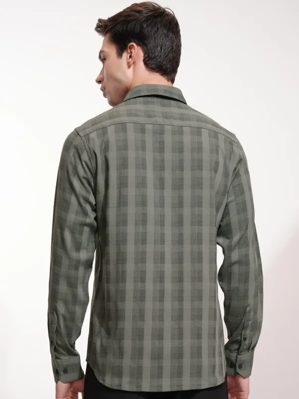 Highlander Men Olive Checked Slim Fit Casual Shirt