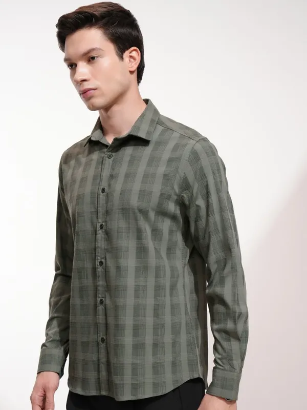Highlander Men Olive Checked Slim Fit Casual Shirt