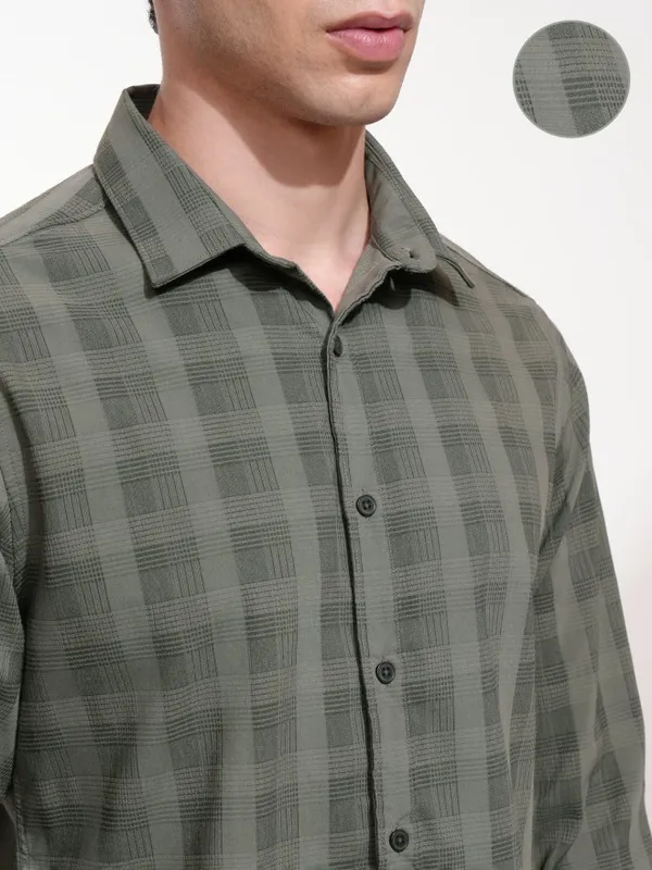 Highlander Men Olive Checked Slim Fit Casual Shirt