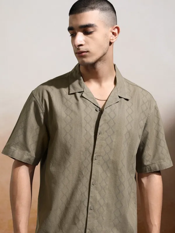 Highlander Men Khaki Textured Relaxed Fit Casual Shirt