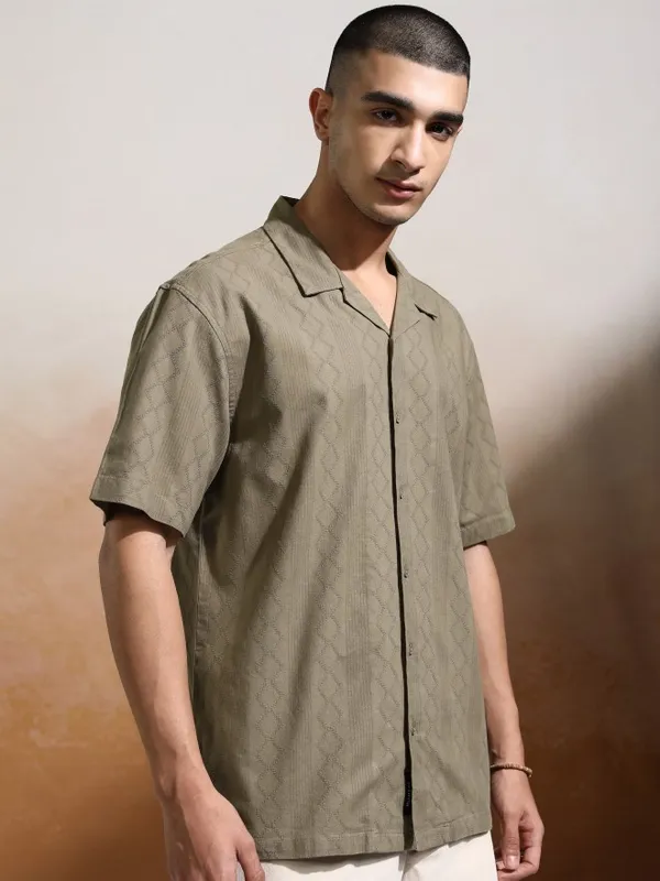 Highlander Men Khaki Textured Relaxed Fit Casual Shirt