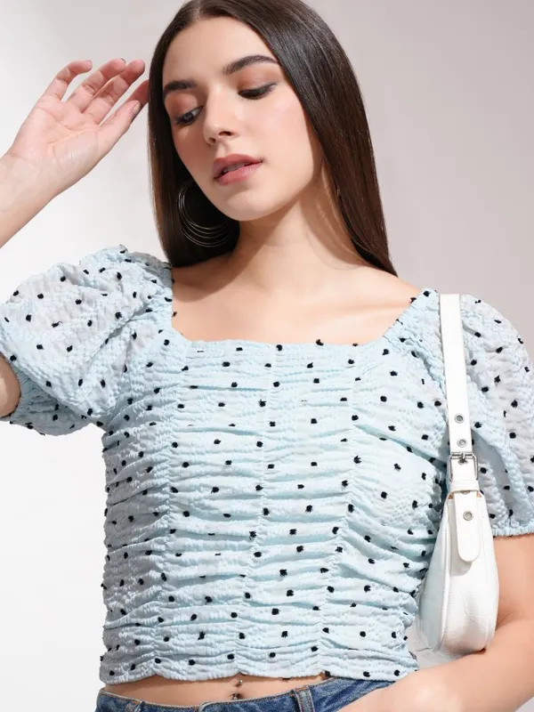 Tokyo Talkies Women Blue Self Design Regular Top