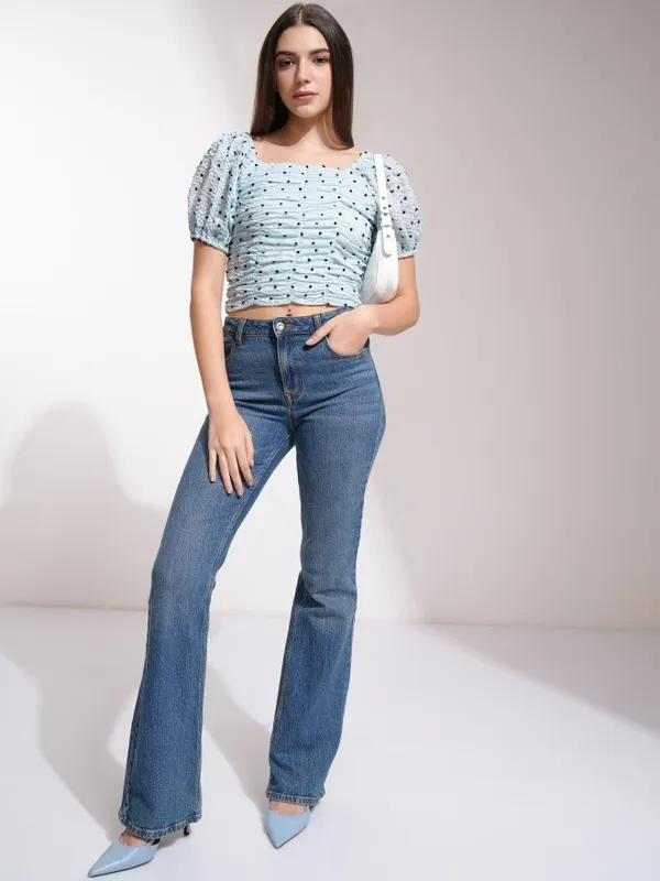 Tokyo Talkies Women Blue Self Design Regular Top