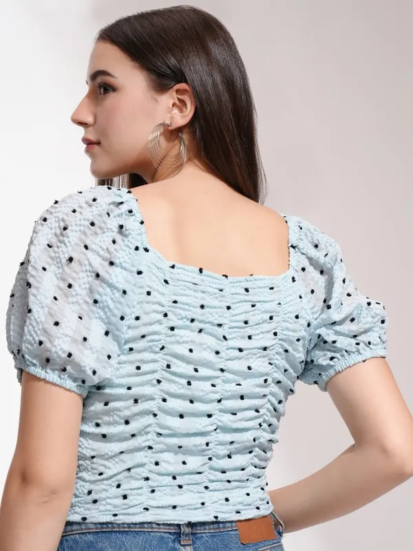 Tokyo Talkies Women Blue Self Design Regular Top