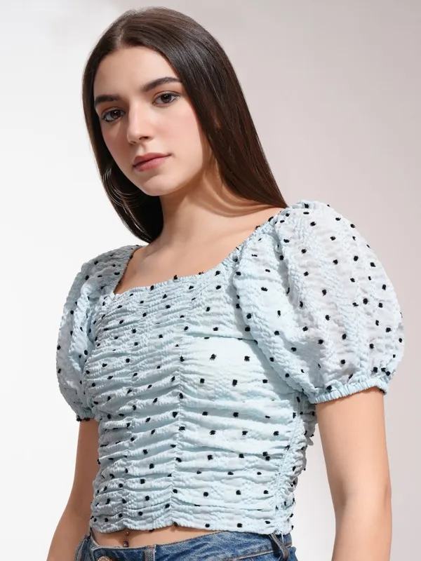 Tokyo Talkies Women Blue Self Design Regular Top