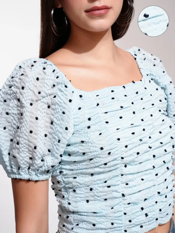 Tokyo Talkies Women Blue Self Design Regular Top