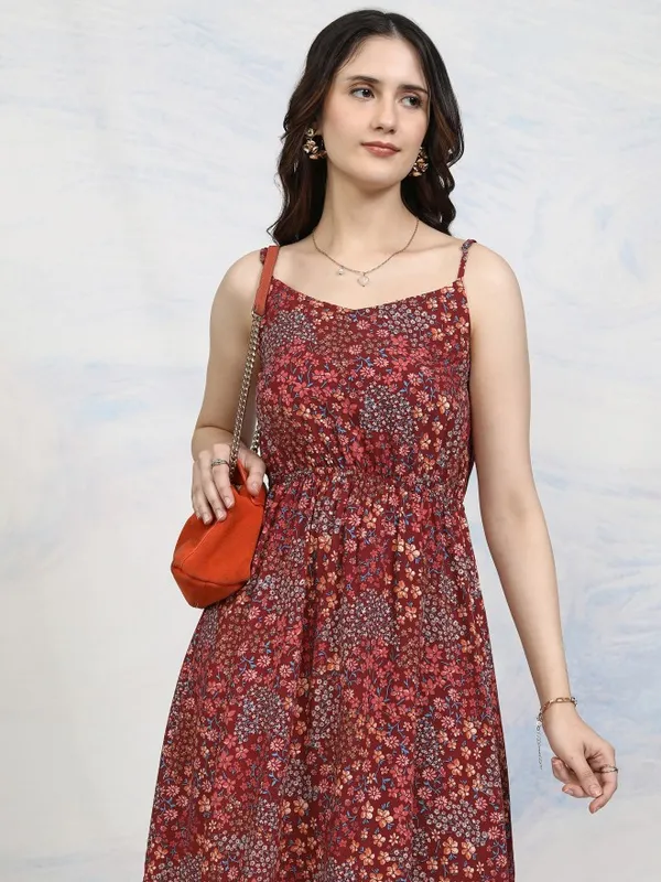 Tokyo Talkies Women Maroon Printed Fit And Flare Dress