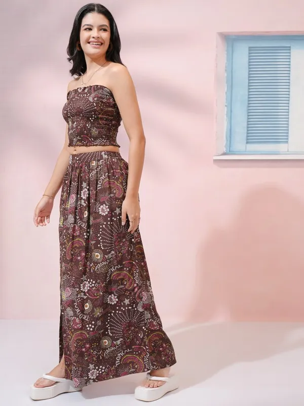 Tokyo Talkies Women Brown Top With Skirt Co-Ords