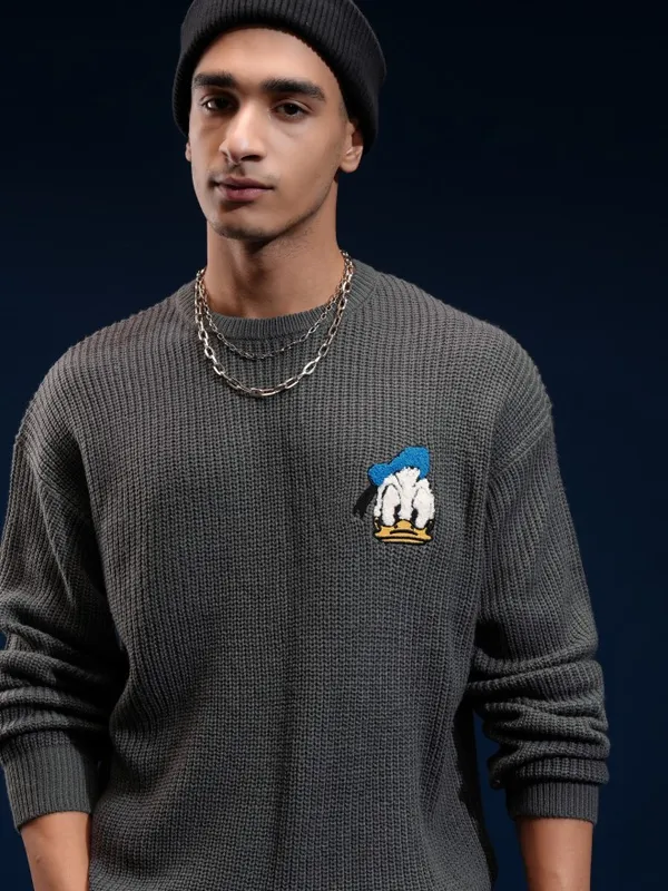Disney By Highlander Men Grey Donald Duck Round Neck Pullover Sweater