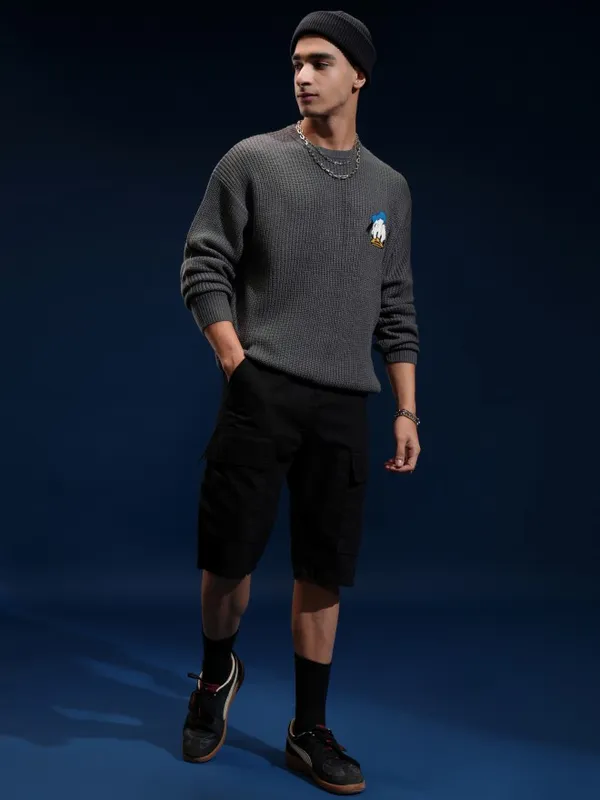 Disney By Highlander Men Grey Donald Duck Round Neck Pullover Sweater