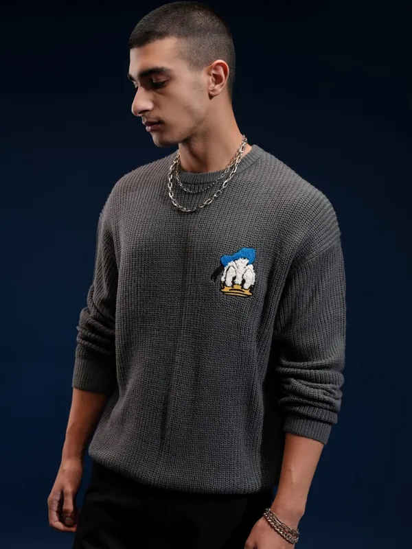 Disney By Highlander Men Grey Donald Duck Round Neck Pullover Sweater