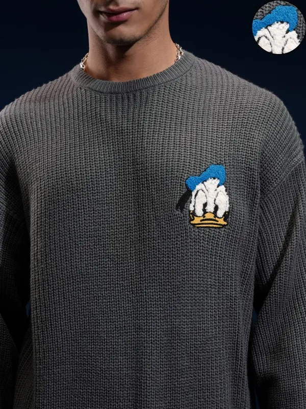 Disney By Highlander Men Grey Donald Duck Round Neck Pullover Sweater