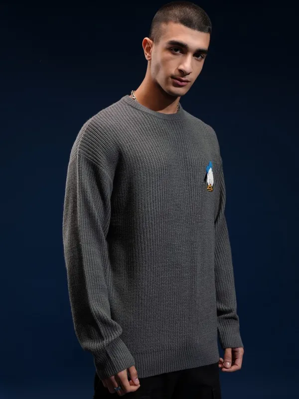 Disney By Highlander Men Grey Donald Duck Round Neck Pullover Sweater