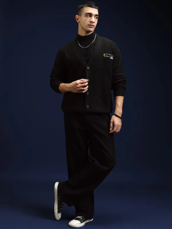 Highlander Men Black V-Neck Cardigan Sweater