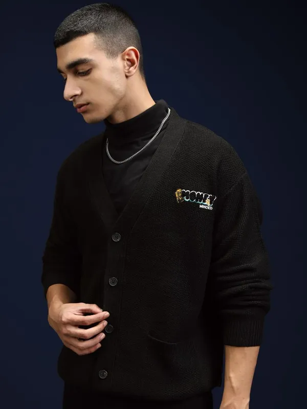 Highlander Men Black V-Neck Cardigan Sweater