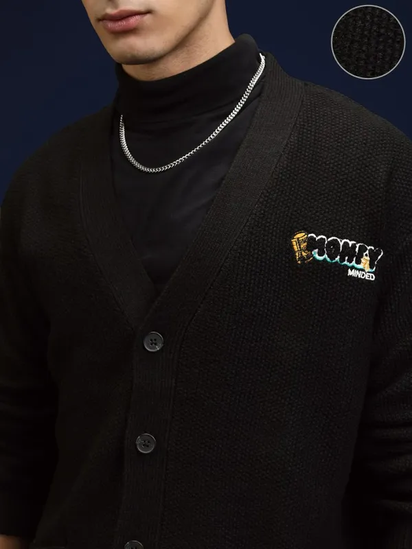 Highlander Men Black V-Neck Cardigan Sweater
